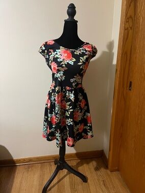 Crystal Doll Black Mini Dress with Coral and Mint Floral Print